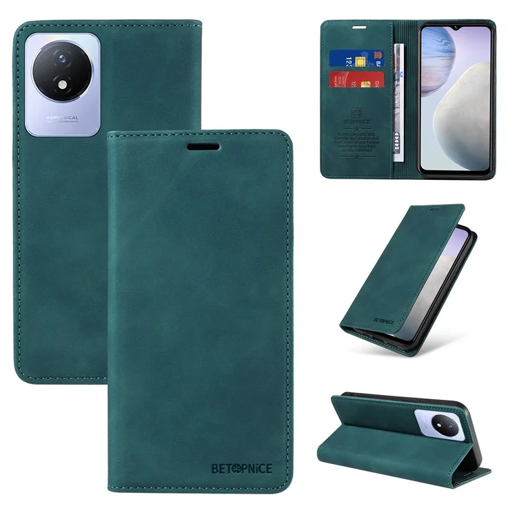 BETOPNICE 003 Leather Phone Case for vivo Y02 4G / Y11 (2023) / Y02A 4G , RFID Blocking Wallet Stand Cover - Green