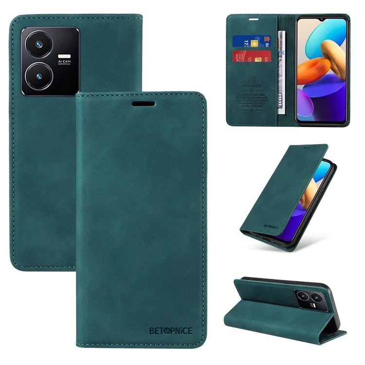BETOPNICE 003 Pour vivo Y35 / Y22s 4G / Y22 4G RFID Blocking Cell Phone Cover Leather Wallet Stand Case - Vert