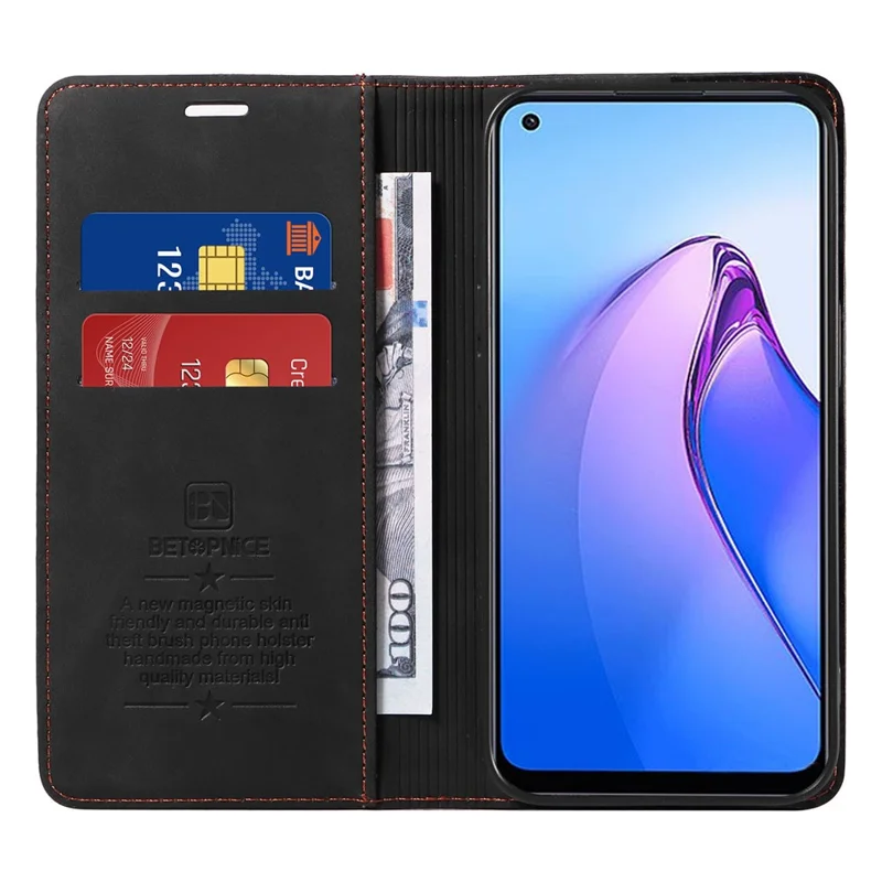 BETOPNICE 003 Wallet Shell for Oppo Reno8 5G (Global Version) RFID Blocking Leather Phone Case Stand Cover - Black