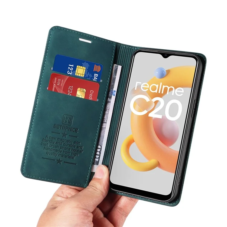 BETOPNICE 003 Para Realme C20 / C11 (2021) / C20A Capa de Proteção de Couro com Bloqueio RFID para Celular - Verde