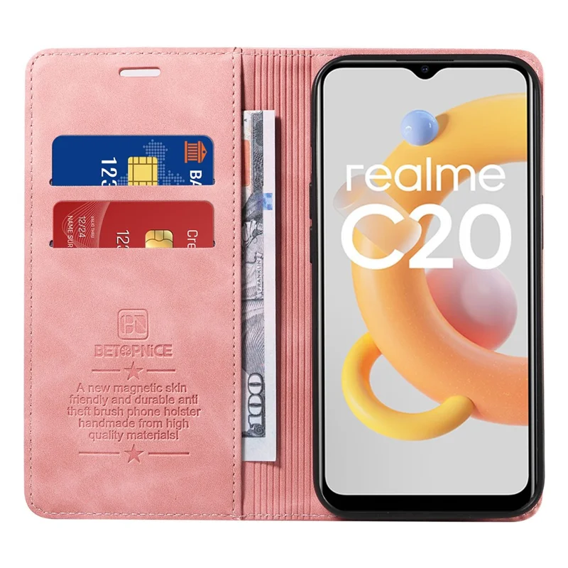 BETOPNICE 003 For Realme C20 / C11 (2021) / C20A RFID Blocking Leather Flip Cover Phone Protector Case (No Fingerprint Hole) - Pink