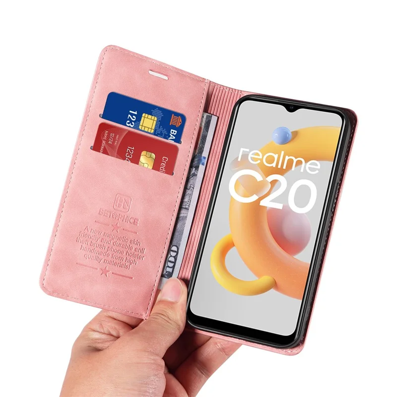 BETOPNICE 003 For Realme C20 / C11 (2021) / C20A RFID Blocking Leather Flip Cover Phone Protector Case (No Fingerprint Hole) - Pink