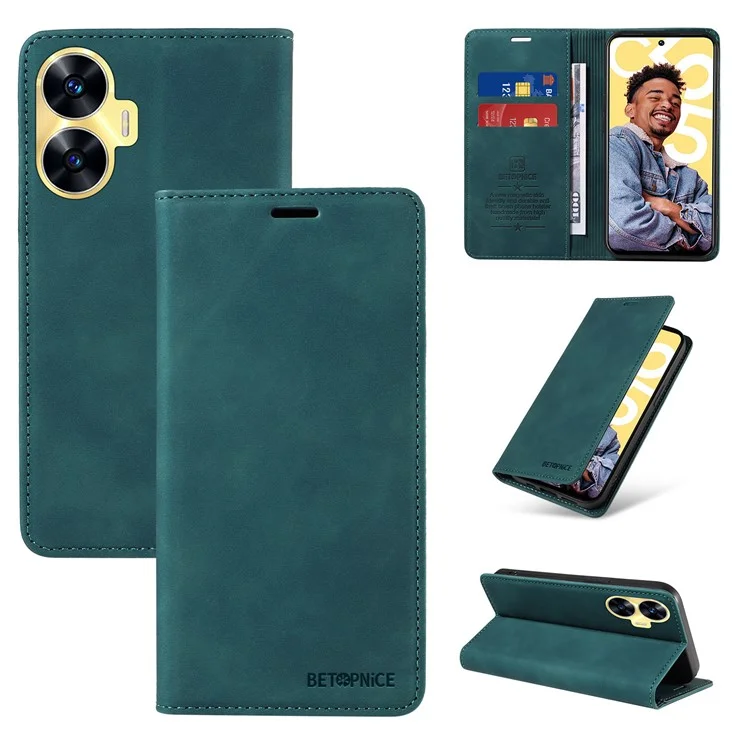 BETOPNICE 003 RFID Blocking Wallet Case per Realme C55 4G, Custodia per Telefono in Pelle PU con Supporto - Verde