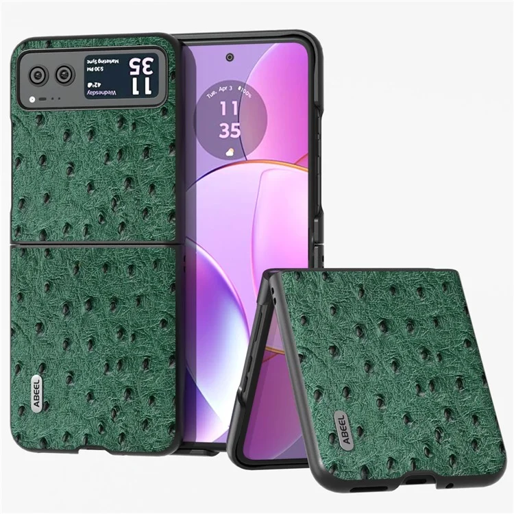 ABEEL Pour Motorola Razr 40 5G Étui de protection fin en véritable cuir de vache revêtu de PC à texture d'autruche - Vert