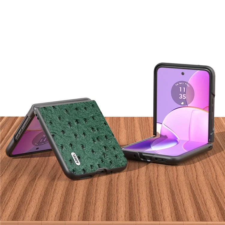 ABEEL Pour Motorola Razr 40 5G Étui de protection fin en véritable cuir de vache revêtu de PC à texture d'autruche - Vert