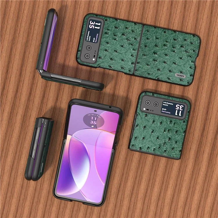 ABEEL Pour Motorola Razr 40 5G Étui de protection fin en véritable cuir de vache revêtu de PC à texture d'autruche - Vert