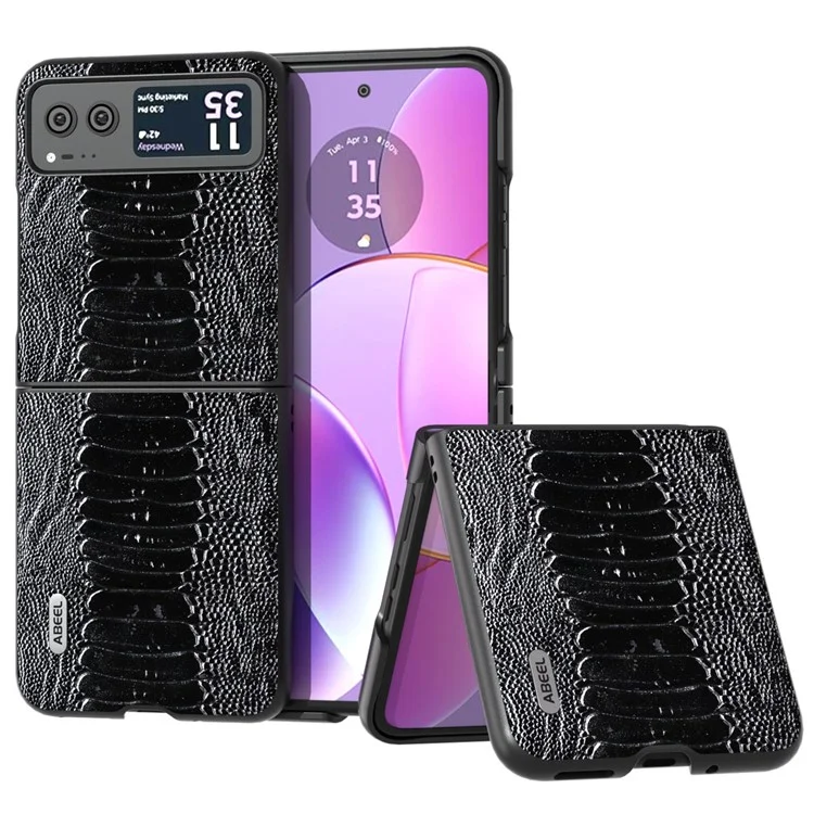 ABEEL Para Motorola Razr 40 5G Couro Genuíno de Vaca + Capa de Telefone de Casca de PC Dura com Textura de Crocodilo - Preto