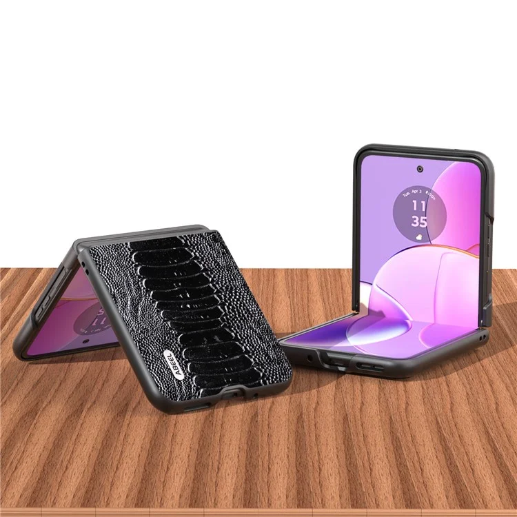 ABEEL Para Motorola Razr 40 5G Couro Genuíno de Vaca + Capa de Telefone de Casca de PC Dura com Textura de Crocodilo - Preto