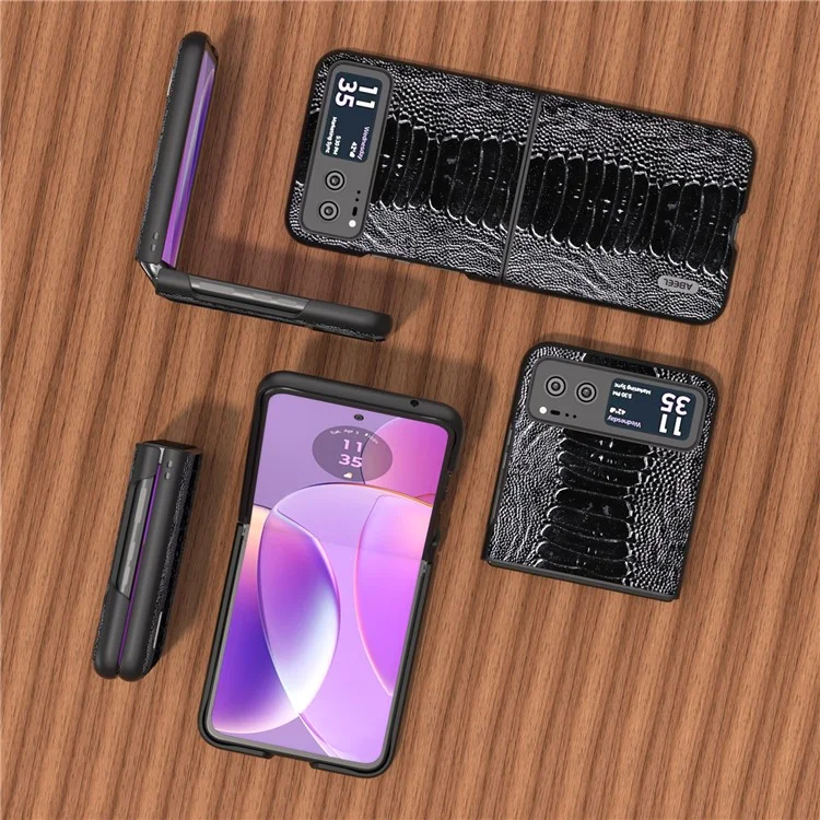 ABEEL Para Motorola Razr 40 5G Couro Genuíno de Vaca + Capa de Telefone de Casca de PC Dura com Textura de Crocodilo - Preto