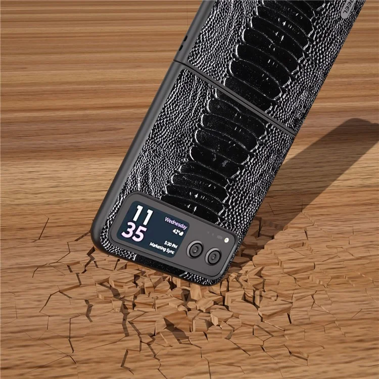 ABEEL Para Motorola Razr 40 5G Couro Genuíno de Vaca + Capa de Telefone de Casca de PC Dura com Textura de Crocodilo - Preto
