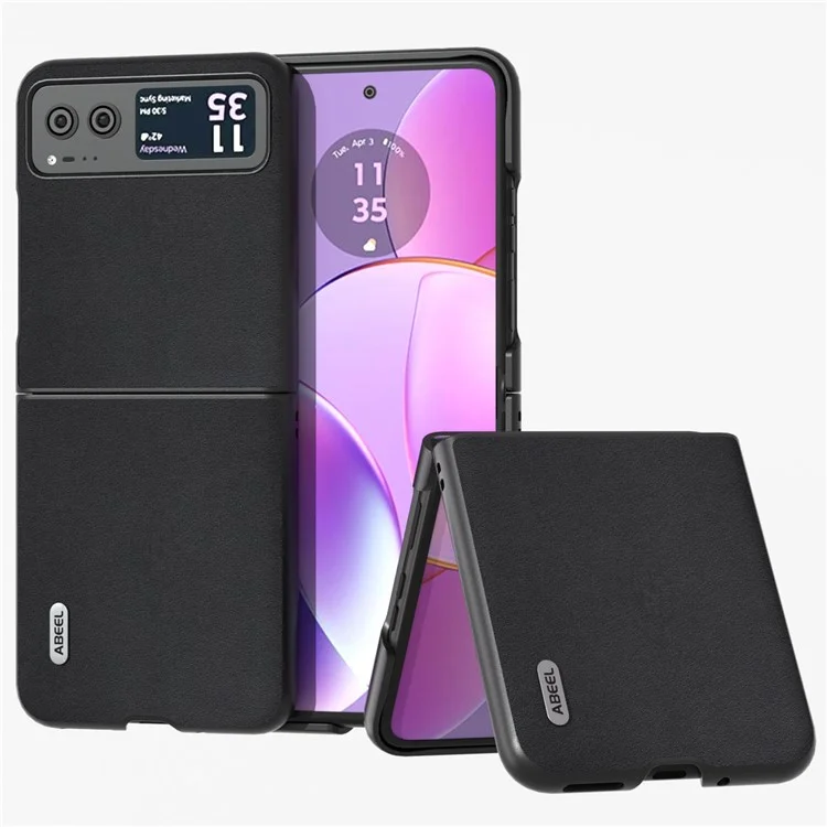 ABEEL For Motorola Razr 40 5G Nappa Texture Phone Case Genuine Cow Leather + Hard PC  Protective Cover - Black