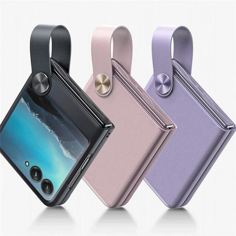 GKK Para Motorola Razr 40 5G Capa de Telefone com Alça e Suporte de Couro Sintético Revestido de PC Rígida Protetora - Branca / Marrom