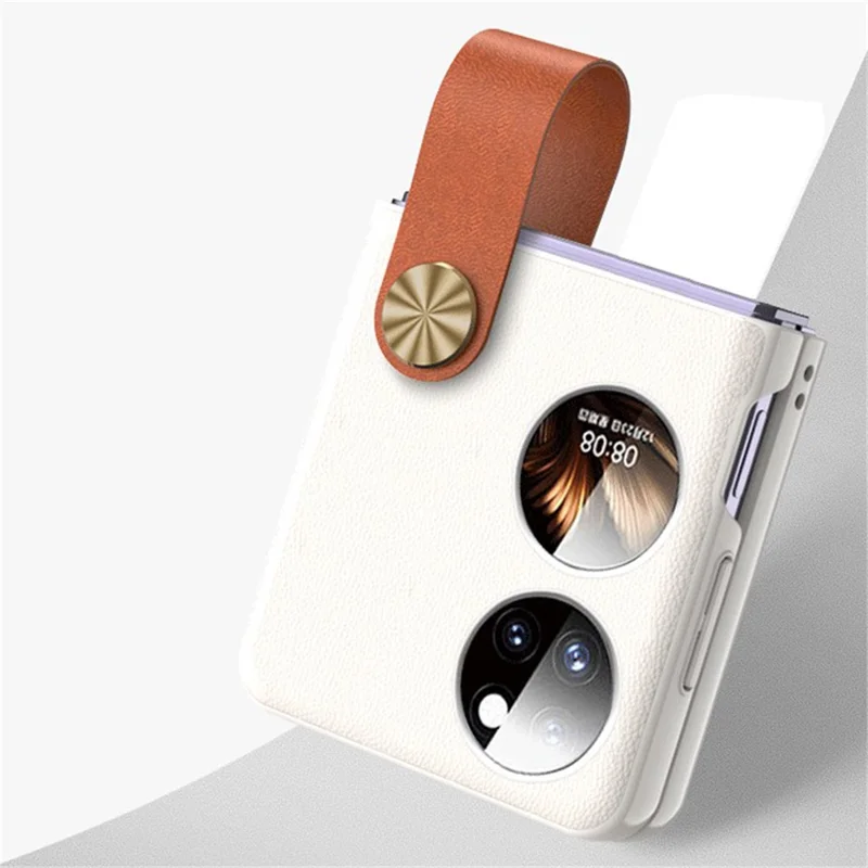 GKK For Huawei P50 Pocket Protective Case PU Leather Coated Hard PC Phone Cover with Strap Kickstand - White / Brown