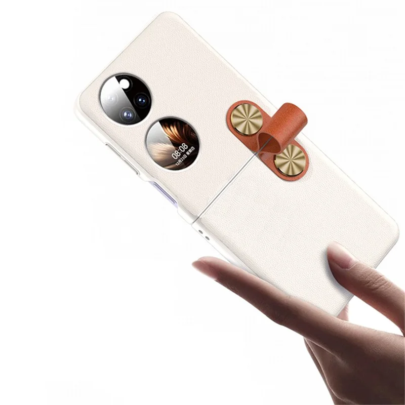 GKK For Huawei P50 Pocket Protective Case PU Leather Coated Hard PC Phone Cover with Strap Kickstand - White / Brown