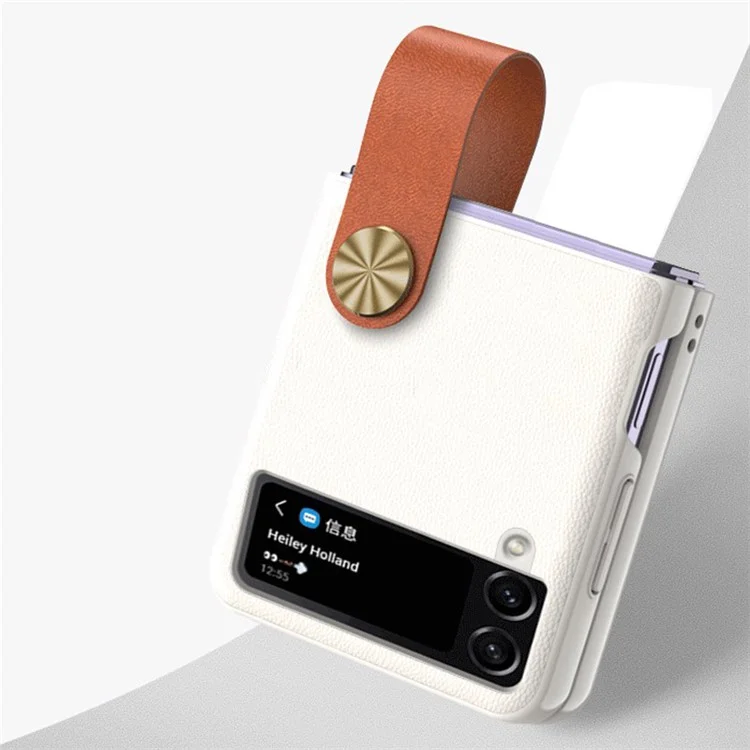 GKK Strap Kickstand Case für Samsung Galaxy Z Flip4 5G Anti-Drop Handyhülle PU Leder beschichtet Hard PC Case - Weiß / Braun