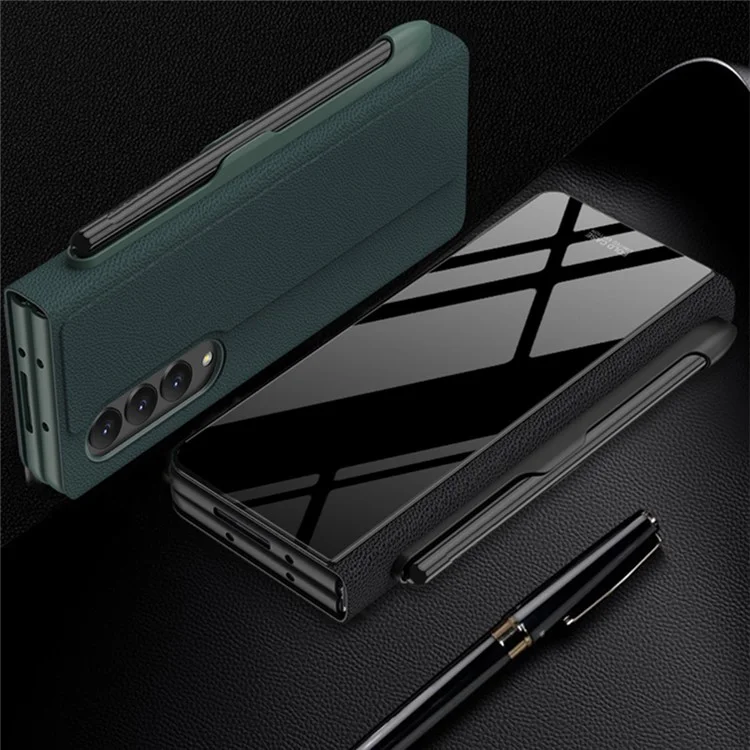 GKK For Samsung Galaxy Z Fold4 5G Case Leather+Tempered Glass+PC Pattern Phone Cover with Pen Slot - Carbon Fiber Texture
