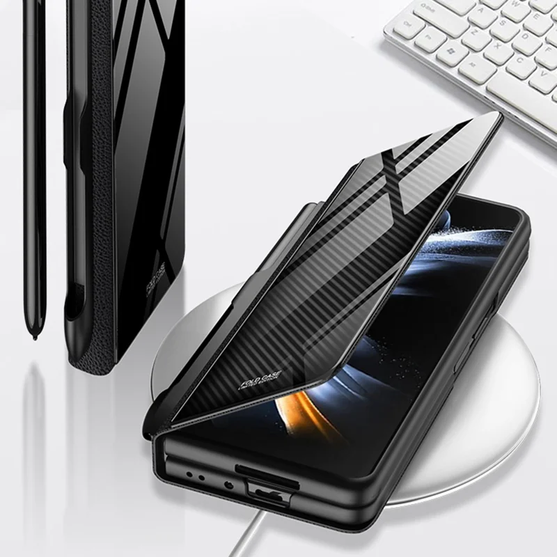 GKK For Samsung Galaxy Z Fold4 5G Case Leather+Tempered Glass+PC Pattern Phone Cover with Pen Slot - Carbon Fiber Texture