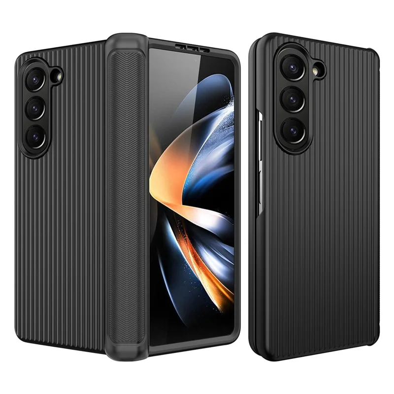GKK Per Samsung Galaxy Z Fold5 5G Custodia in PC rigido Custodia in stile valigia Design a strisce con supporto Copertura con pellicola in vetro temperato - Nero