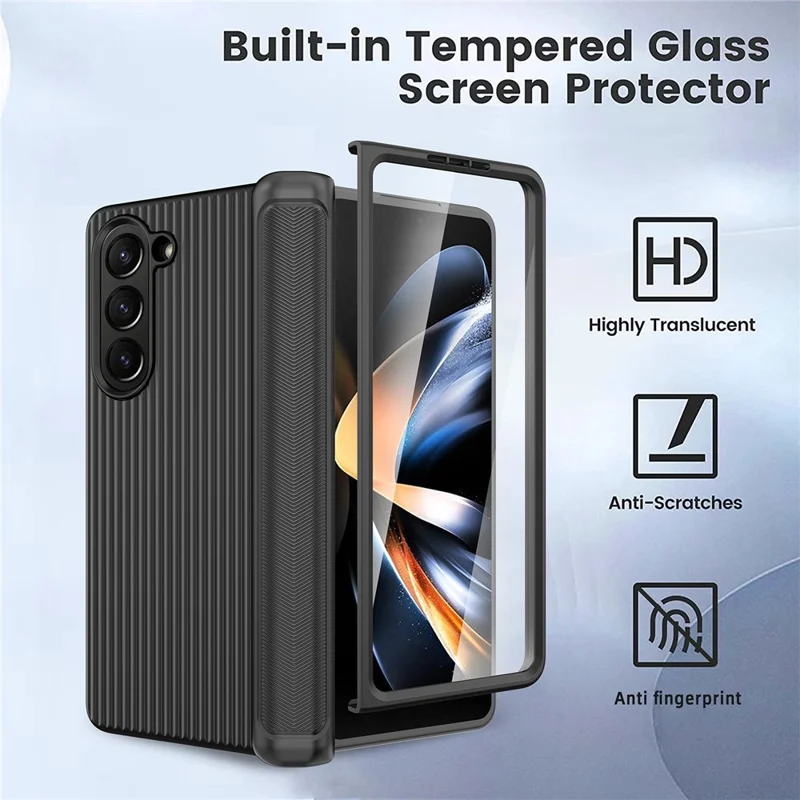 GKK Per Samsung Galaxy Z Fold5 5G Custodia in PC rigido Custodia in stile valigia Design a strisce con supporto Copertura con pellicola in vetro temperato - Nero