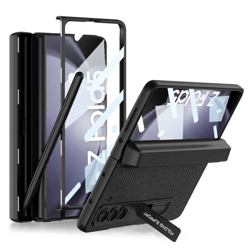 GKK para Samsung Galaxy Z Fold5 5G Funda Protectora de Bisagra Magnética Soporte para Bolígrafo de Cuero+PC con Soporte Kickstand Funda para Teléfono con Película de Vidrio Templado - Textura Cruzada