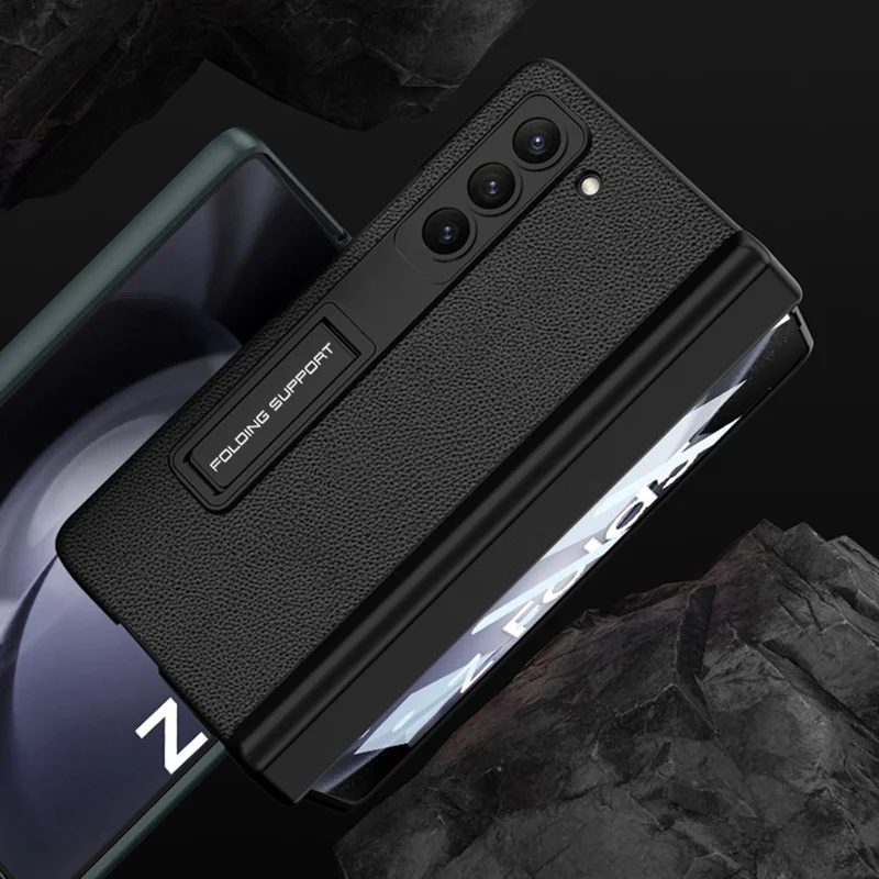 GKK para Samsung Galaxy Z Fold5 5G Funda Protectora de Bisagra Magnética Soporte para Bolígrafo de Cuero+PC con Soporte Kickstand Funda para Teléfono con Película de Vidrio Templado - Textura Cruzada