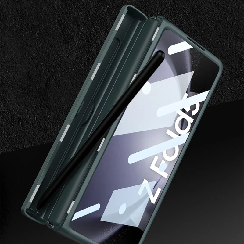 GKK For Samsung Galaxy Z Fold5 5G Kickstand PC+Leather Phone Shell Pen Slot Magnetic Hinge Cover with Tempered Glass Screen Film - Green