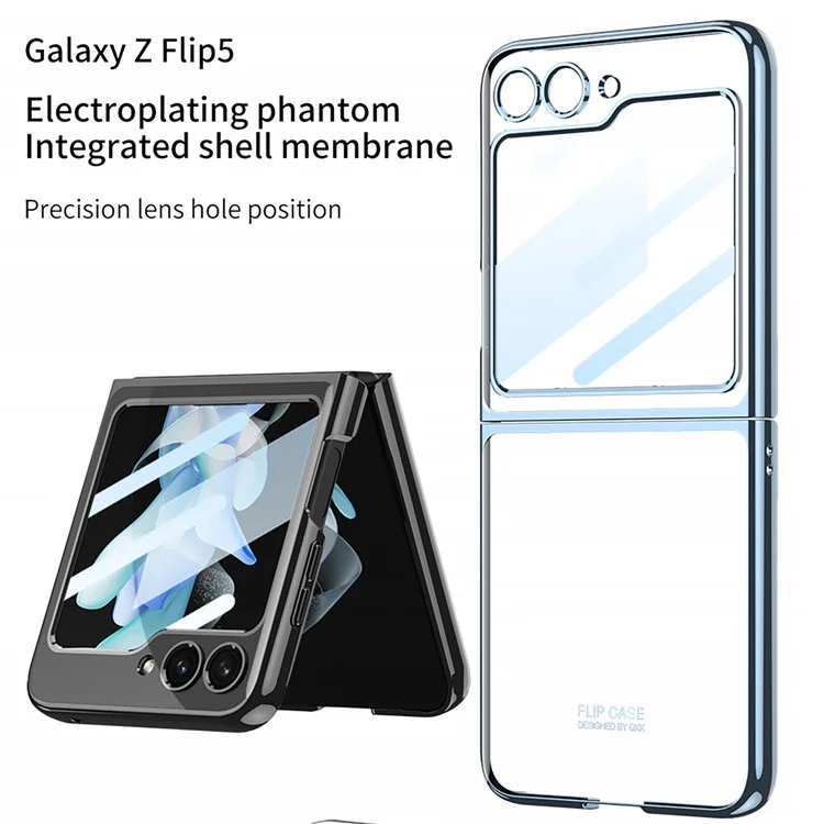 GKK per Samsung Galaxy Z Flip5 5G Folding Phone Cover Shell Electroplating Plastic Phone Case con Pellicola Protettiva Schermo in Vetro Temperato - Blu
