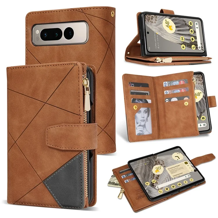 Für Google Pixel Fold Leder Flip Handytasche Reißverschlusstaschen Ständer Linien Geprägte Geldbörse Cover - Braun