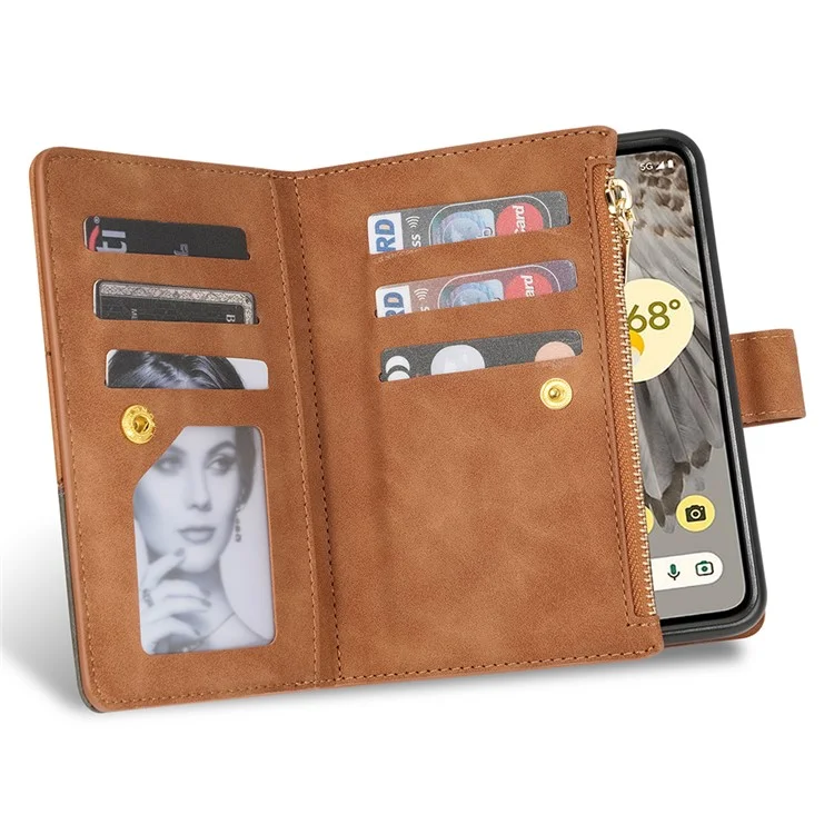 Für Google Pixel Fold Leder Flip Handytasche Reißverschlusstaschen Ständer Linien Geprägte Geldbörse Cover - Braun