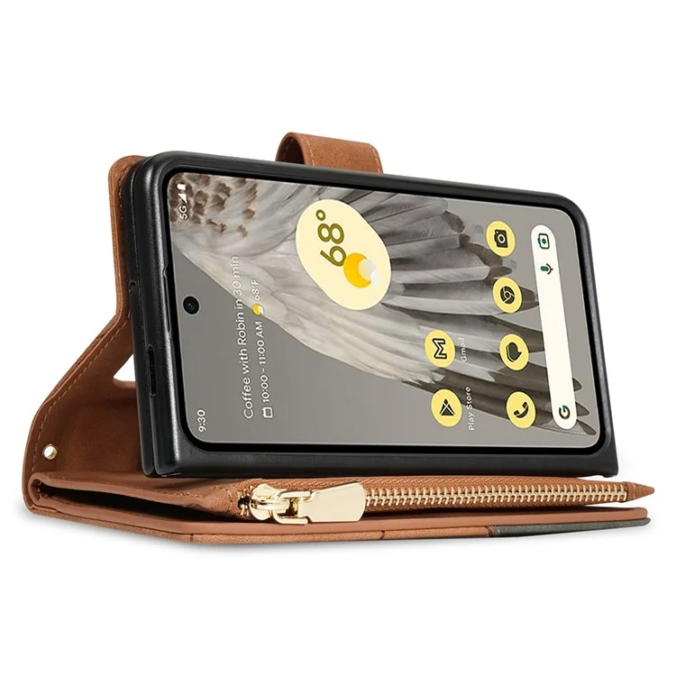 Für Google Pixel Fold Leder Flip Handytasche Reißverschlusstaschen Ständer Linien Geprägte Geldbörse Cover - Braun