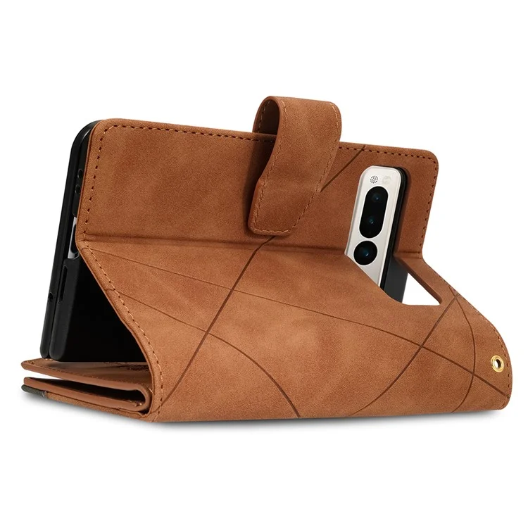 Für Google Pixel Fold Leder Flip Handytasche Reißverschlusstaschen Ständer Linien Geprägte Geldbörse Cover - Braun