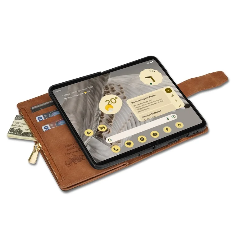 Für Google Pixel Fold Leder Flip Handytasche Reißverschlusstaschen Ständer Linien Geprägte Geldbörse Cover - Braun