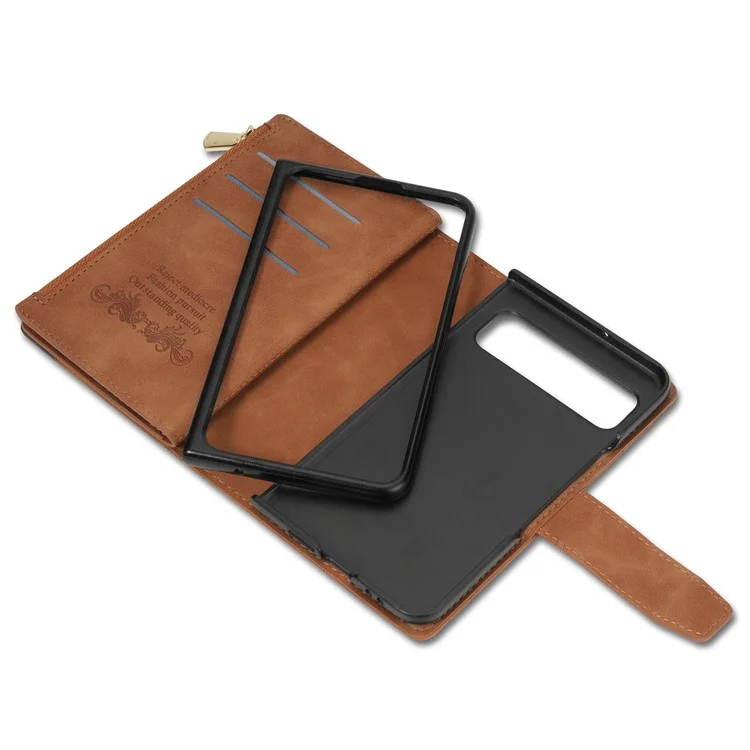 Für Google Pixel Fold Leder Flip Handytasche Reißverschlusstaschen Ständer Linien Geprägte Geldbörse Cover - Braun