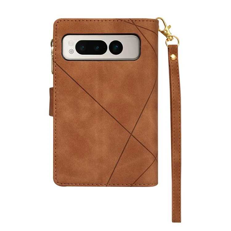 Für Google Pixel Fold Leder Flip Handytasche Reißverschlusstaschen Ständer Linien Geprägte Geldbörse Cover - Braun
