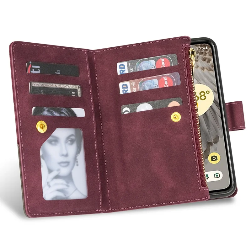 For Google Pixel Fold Leather Flip Phone Case Zipper Pocket Stand Lines Imprinted Wallet Cover - Red