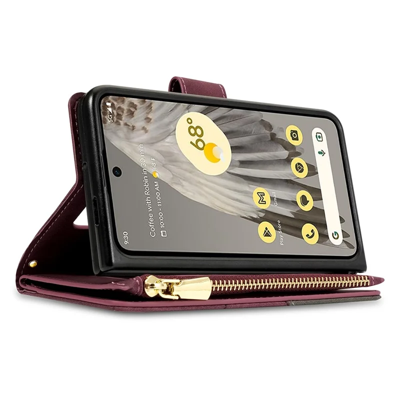 For Google Pixel Fold Leather Flip Phone Case Zipper Pocket Stand Lines Imprinted Wallet Cover - Red