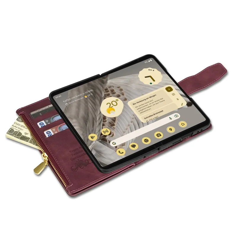 For Google Pixel Fold Leather Flip Phone Case Zipper Pocket Stand Lines Imprinted Wallet Cover - Red