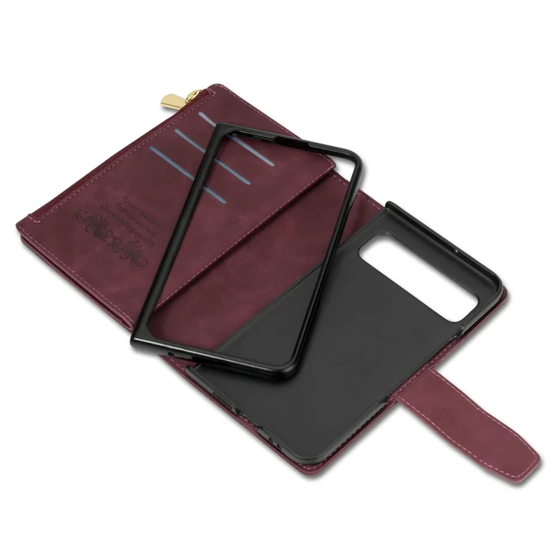 For Google Pixel Fold Leather Flip Phone Case Zipper Pocket Stand Lines Imprinted Wallet Cover - Red