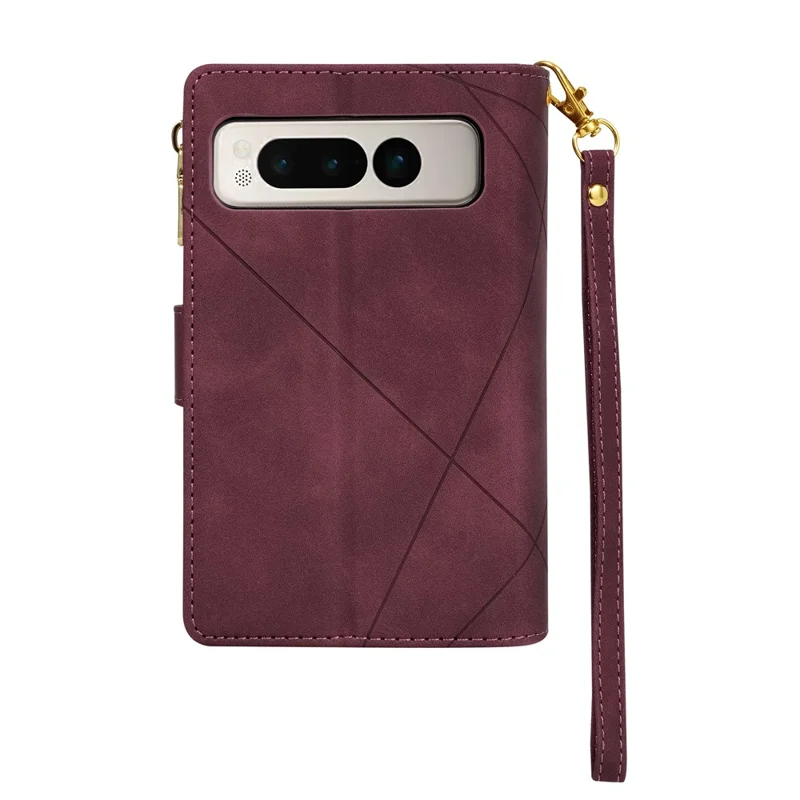 For Google Pixel Fold Leather Flip Phone Case Zipper Pocket Stand Lines Imprinted Wallet Cover - Red