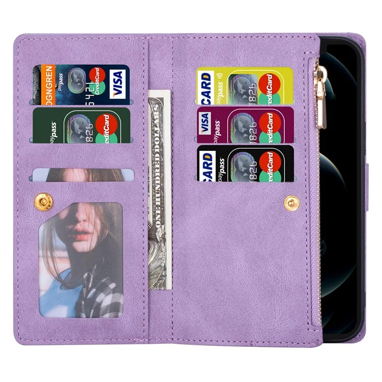Per Samsung Galaxy Z Fold5 5G Portafoglio Flip Case Custodia in Pelle PU con Linee Impresse Tasca con Cerniera Stand per Telefono - Viola