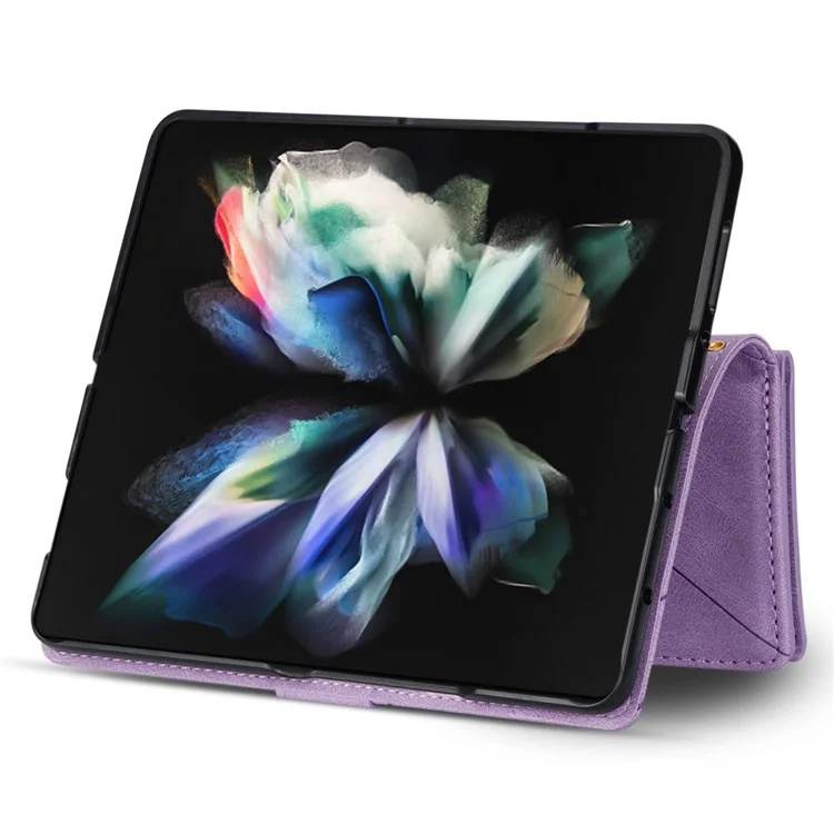 Per Samsung Galaxy Z Fold5 5G Portafoglio Flip Case Custodia in Pelle PU con Linee Impresse Tasca con Cerniera Stand per Telefono - Viola