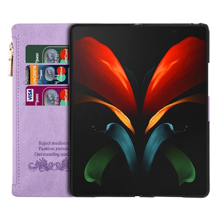 Per Samsung Galaxy Z Fold5 5G Portafoglio Flip Case Custodia in Pelle PU con Linee Impresse Tasca con Cerniera Stand per Telefono - Viola