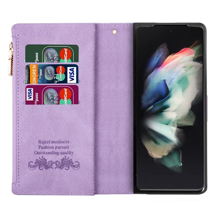 Per Samsung Galaxy Z Fold5 5G Portafoglio Flip Case Custodia in Pelle PU con Linee Impresse Tasca con Cerniera Stand per Telefono - Viola