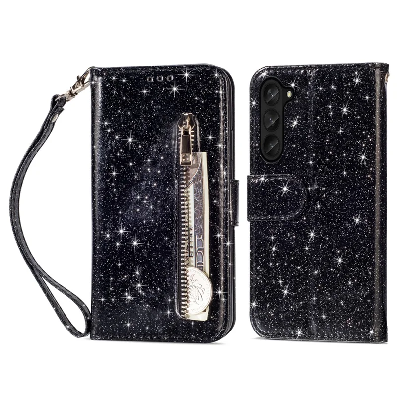 For Samsung Galaxy Z Fold5 5G PC+PU Leather Phone Stand Case Zippered Wallet Glittery Phone Cover - Black