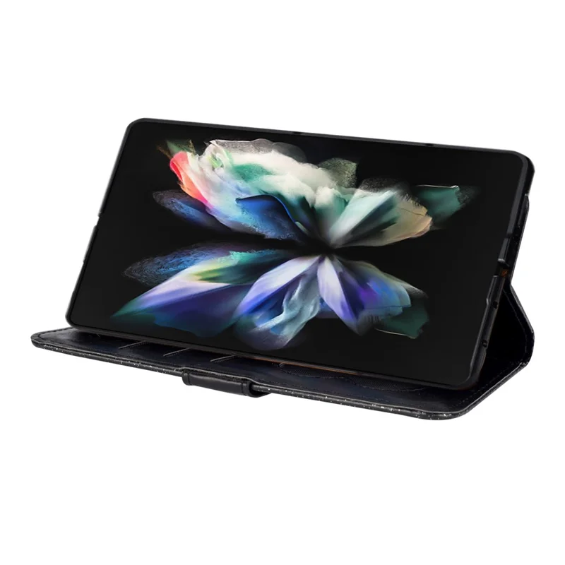 For Samsung Galaxy Z Fold5 5G PC+PU Leather Phone Stand Case Zippered Wallet Glittery Phone Cover - Black