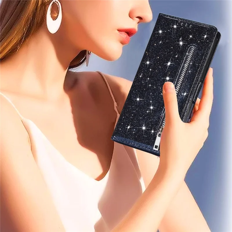 For Samsung Galaxy Z Fold5 5G PC+PU Leather Phone Stand Case Zippered Wallet Glittery Phone Cover - Black