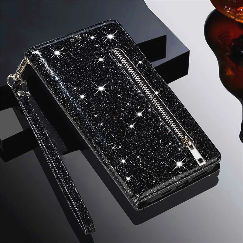 For Samsung Galaxy Z Fold5 5G PC+PU Leather Phone Stand Case Zippered Wallet Glittery Phone Cover - Black