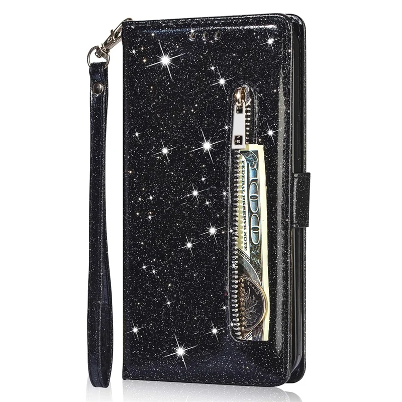 For Samsung Galaxy Z Fold5 5G PC+PU Leather Phone Stand Case Zippered Wallet Glittery Phone Cover - Black
