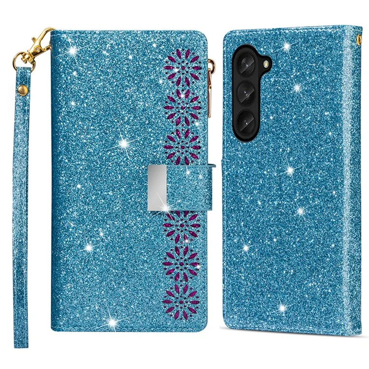 Zipper Wallet Shell for Samsung Galaxy Z Fold5 5G Leather Stand Case Laser Carving Glittery Phone Cover with Strap - Blue
