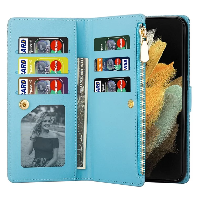 Zipper Wallet Shell for Samsung Galaxy Z Fold5 5G Leather Stand Case Laser Carving Glittery Phone Cover with Strap - Blue